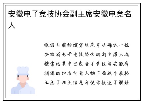 安徽电子竞技协会副主席安徽电竞名人